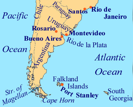Map of Southern Atlantic and 
South America